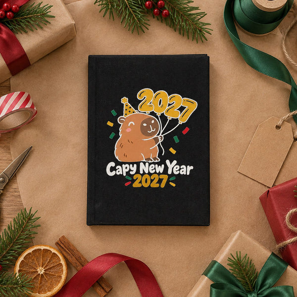 Black canvas notebook with a Capy New Year 2027 capybara print on kraft paper at a Christmas gift wrapping table