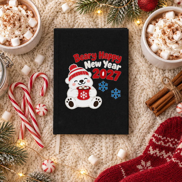 Black canvas notebook with a Beary Happy New Year 2027 polar bear print on a cream knit blanket with hot cocoa, marshmallows and candy canes