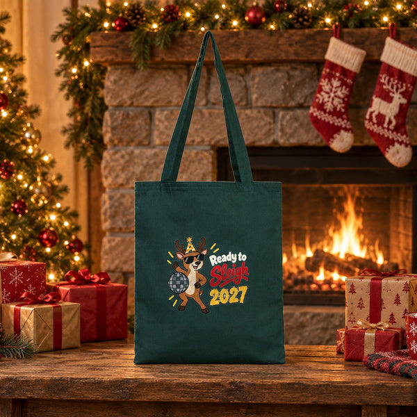 Forest green cotton tote bag with a Ready to Sleigh 2027 reindeer print standing in front of a Christmas fireplace with stockings