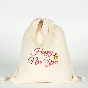 Kerst gymtas met trekkoord met Happy New Year-print, naturel katoen – Pamusan.nl