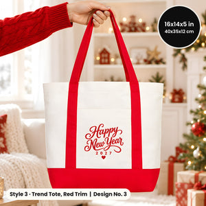 Hand in a red knit sweater holding a red trim canvas tote bag printed Happy New Year 2027 in red script in a bright holiday living room