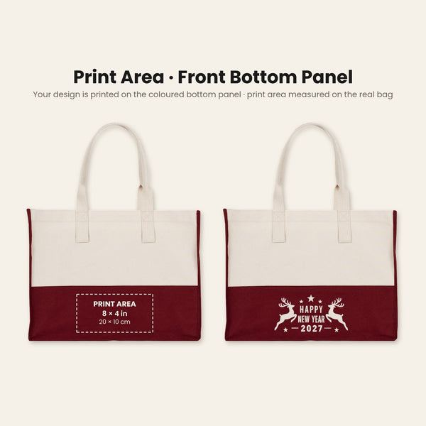 Print area of up to 8 x 4 inches (20 x 10 cm) centred on the coloured bottom panel of the tote, with an example Happy New Year 2027 reindeer print