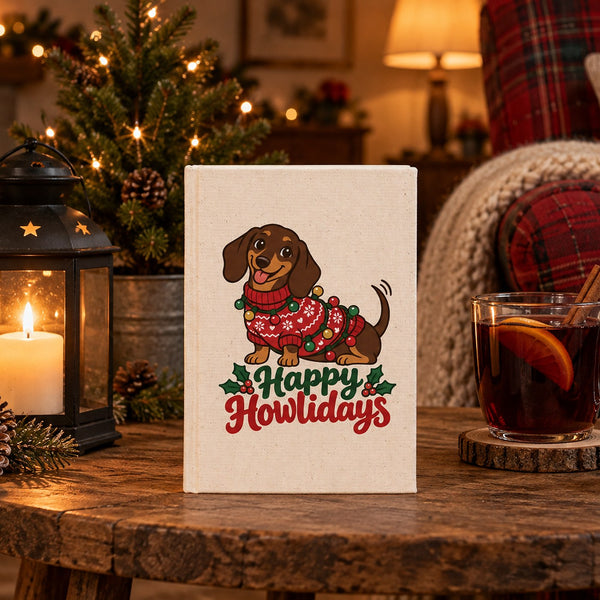 Natural canvas notebook with a Happy Howlidays dachshund print standing on a rustic side table by a lantern and mulled wine on Christmas evening
