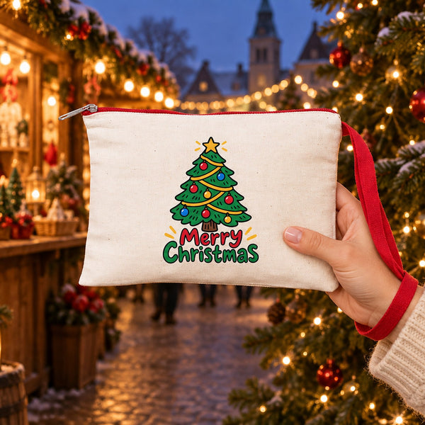 Hand carrying a cream wristlet clutch with a red wrist strap and a Merry Christmas tree print at a Christmas market, showing the real size