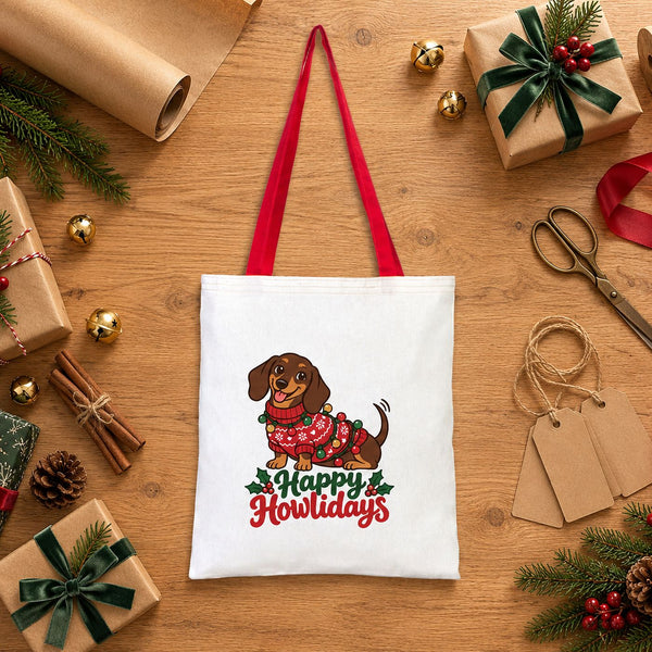 Red handle cotton tote bag with a Happy Howlidays dachshund print lying on a Christmas gift wrapping table, top view