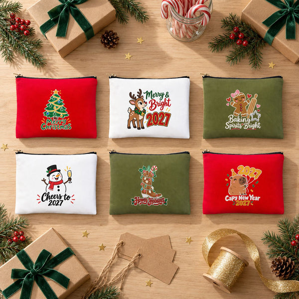 Six red, white and olive green clutch bags with different Christmas and New Year 2027 designs laid out as bulk holiday gifts