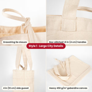 Large City canvas tote details: drawstring tie closure, box-stitched 4 cm handles, 10 cm side gusset and heavy 450 g gabardine canvas