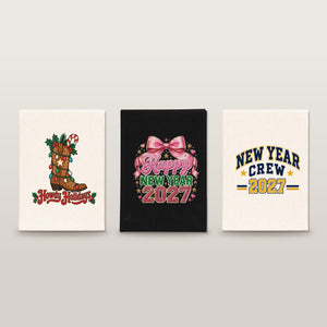 Studio photo of three canvas notebooks with Howdy Holidays cowboy boot, pink bow Happy New Year 2027 and New Year Crew 2027 prints