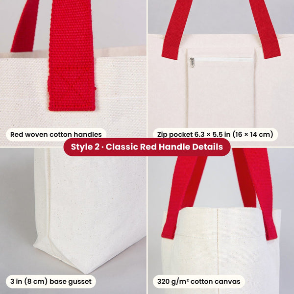 Classic canvas tote details: red woven cotton handles, inner zip pocket 16x14 cm, 8 cm base gusset and 320 g cotton canvas