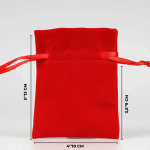 Real photo of the plain red velvet drawstring pouch lying flat with size arrows, 4 x 5 inches (10 x 13 cm)
