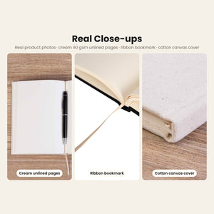 Real close-ups of the canvas notebook: cream unlined pages, satin ribbon bookmark and the woven cotton canvas cover