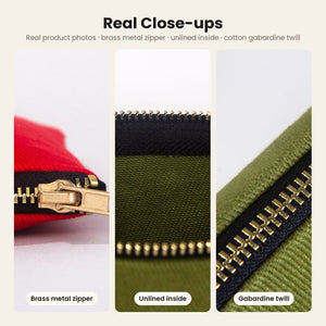 Real close-ups of the clutch: brass metal zipper with black tape, unlined inside and the cotton gabardine twill