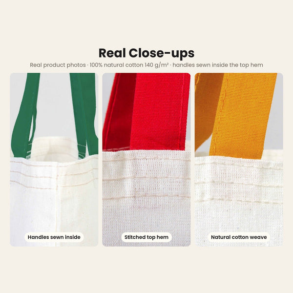 Real close-ups of the natural cotton tote bag: handles sewn inside the top hem, stitched hem and soft natural cotton weave