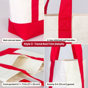 Red trim canvas tote details: red canvas base, X-box stitched red handles, front pocket 17x20 cm and roomy 12 cm gusset