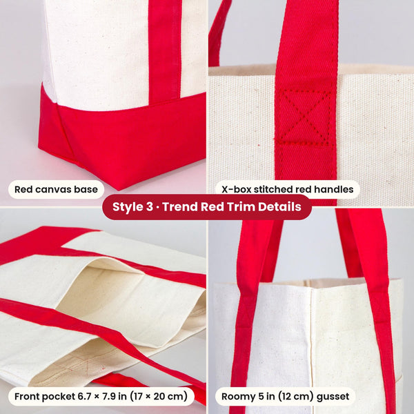 Red trim canvas tote details: red canvas base, X-box stitched red handles, front pocket 17x20 cm and roomy 12 cm gusset