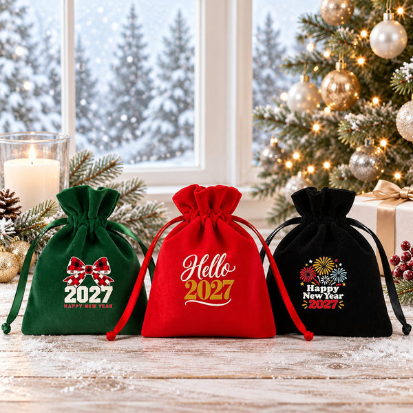 Three velvet drawstring gift pouches in green, red and black with satin ribbons, printed with a buffalo plaid bow 2027, Hello 2027 and Happy New Year 2027 fireworks designs, on a snowy white table by a winter window and a gold Christmas tree