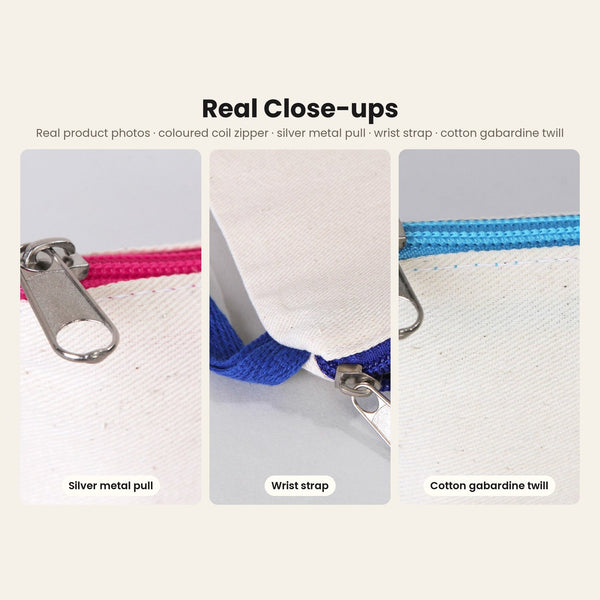 Real close-ups of the clutch: silver metal zipper pull on a coloured coil zipper, the sewn wrist strap and the cotton gabardine twill