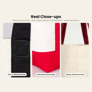 Real close-ups of the canvas tote bag: box-X stitched webbing straps, coloured canvas base and heavy natural 12 oz canvas
