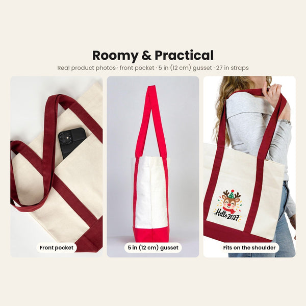 Real photos of the canvas tote bag front pocket holding a phone, the 5 inch (12 cm) side gusset and the bag carried on the shoulder