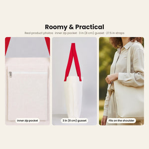 Real photos of the canvas tote bag: inner zip pocket, 3 inch (8 cm) gusset and the bag carried on the shoulder
