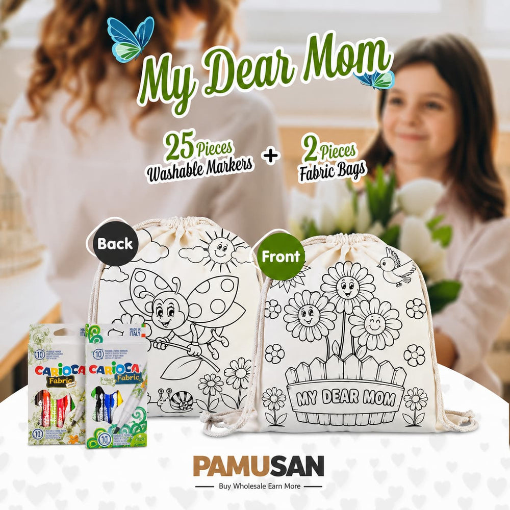 25 Pcs Paintable Cotton Tote Bag Set with Fabric Markers – Mother's Day Kids Coloring Activity Kit - Pamusan.com