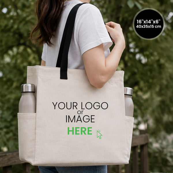 Bedrukte katoenen tas 40 x 35 x 15 cm met je logo of ontwerp op het voorpaneel