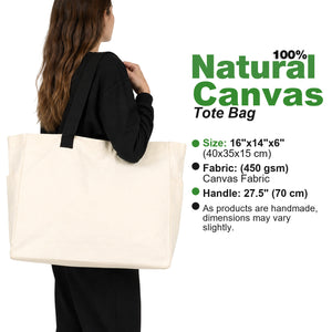 Specificatiekaart katoenen tas van 100% katoen: 40 x 35 x 15 cm, gabardine 450 g/m², hengsels van 70 cm