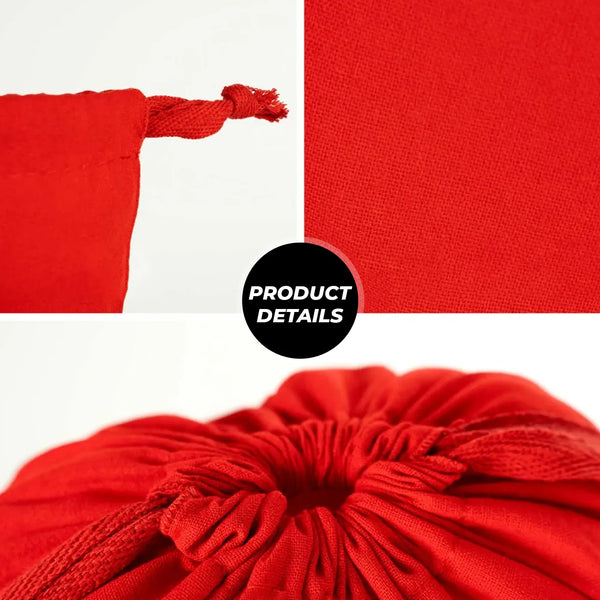 Red drawstring bag with close-up details on a white background