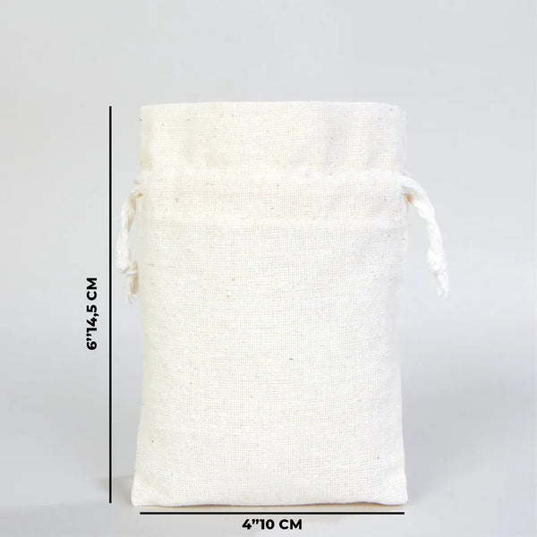 White drawstring bag with measurements on a gray background