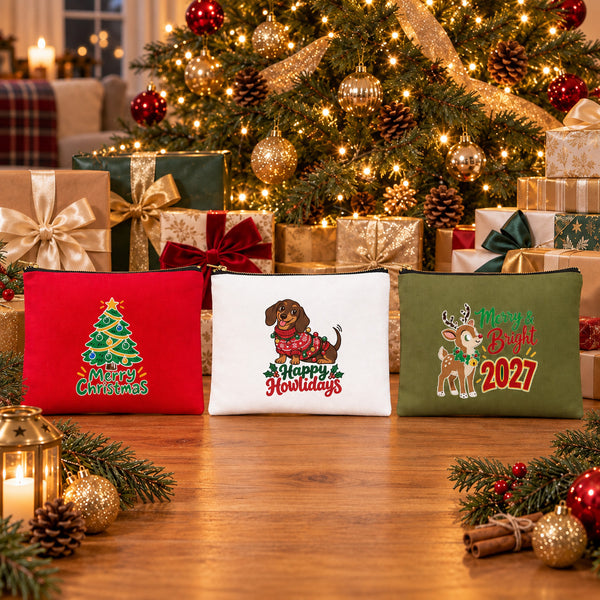 Christmas Makeup Bags Bulk – 9 Holiday & New Year 2027 Designs, Zipper Clutch 8.3" × 6" (21 × 15 cm) – Cotton Gabardine