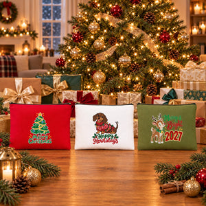 Kerst make-up tasje – 9 ontwerpen Kerst & Nieuwjaar 2027, etui met rits 21 × 15 cm – katoenen gabardine