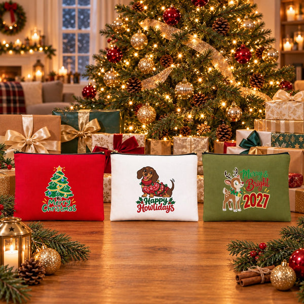 Kerst make-up tasje – 9 ontwerpen Kerst & Nieuwjaar 2027, etui met rits 21 × 15 cm – katoenen gabardine