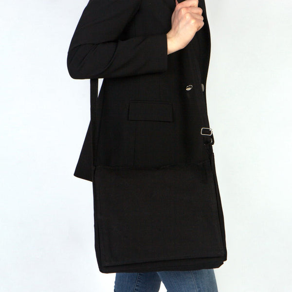 Adjustable Cotton Canvas Messenger Bag Black – 13" x 11" - 6 oz - Pamusan.com