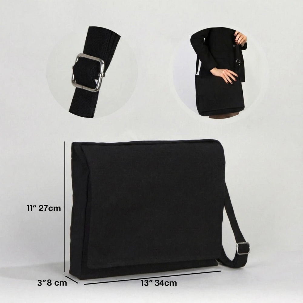 Adjustable Cotton Canvas Messenger Bag Black – 13" x 11" - 6 oz - Pamusan.com