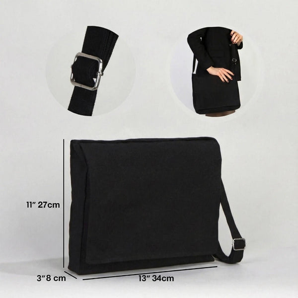 Adjustable Cotton Canvas Messenger Bag Black – 13" x 11" - 6 oz - Pamusan.com