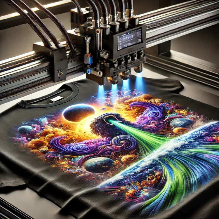 DTG printer print een kleurrijk kosmisch ontwerp op een zwart t-shirt
