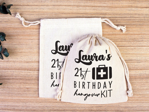 Birthday Hangover Kit Bag – Personalized Cotton Drawstring Pouch — print detail | Pamusan