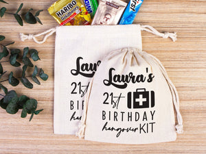 Birthday Hangover Kit Bag – Personalized Cotton Drawstring Pouch — print detail | Pamusan