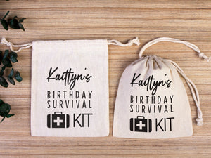 Birthday Survival Kit Bags – Custom Name Print Cotton Drawstring Pouch — print detail | Pamusan