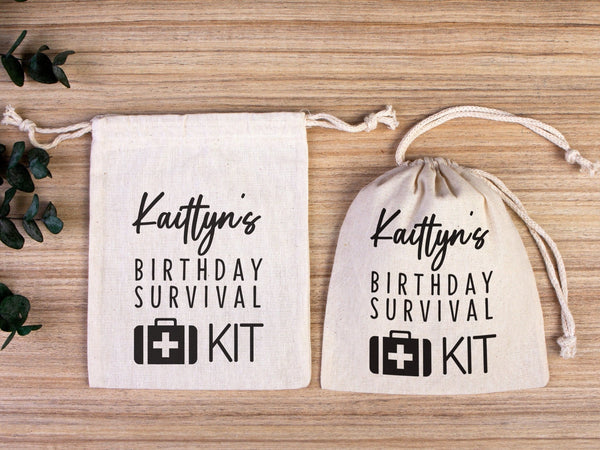 Birthday Survival Kit Bags – Custom Name Print Cotton Drawstring Pouch — print detail | Pamusan