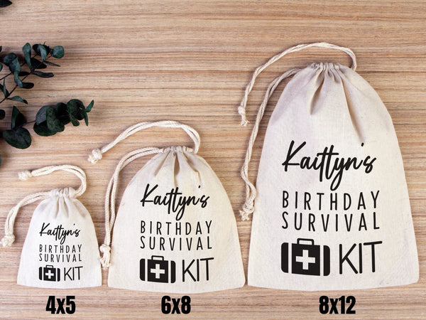 Birthday Survival Kit Bags – Custom Name Print Cotton Drawstring Pouch — print detail | Pamusan