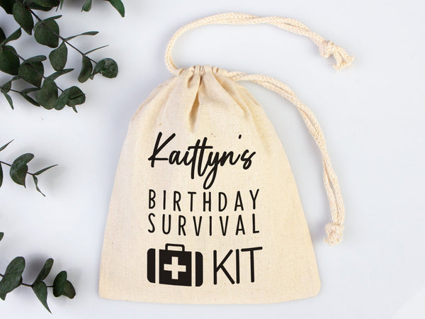 Birthday Survival Kit Bags – Custom Name Print Cotton Drawstring Pouch — print detail | Pamusan
