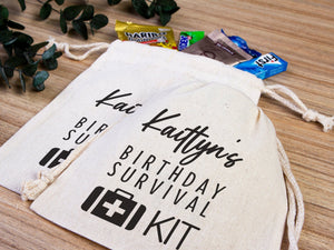 Birthday Survival Kit Bags – Custom Name Print Cotton Drawstring Pouch — print detail | Pamusan