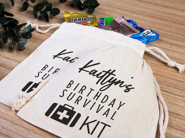 Birthday Survival Kit Bags – Custom Name Print Cotton Drawstring Pouch — print detail | Pamusan
