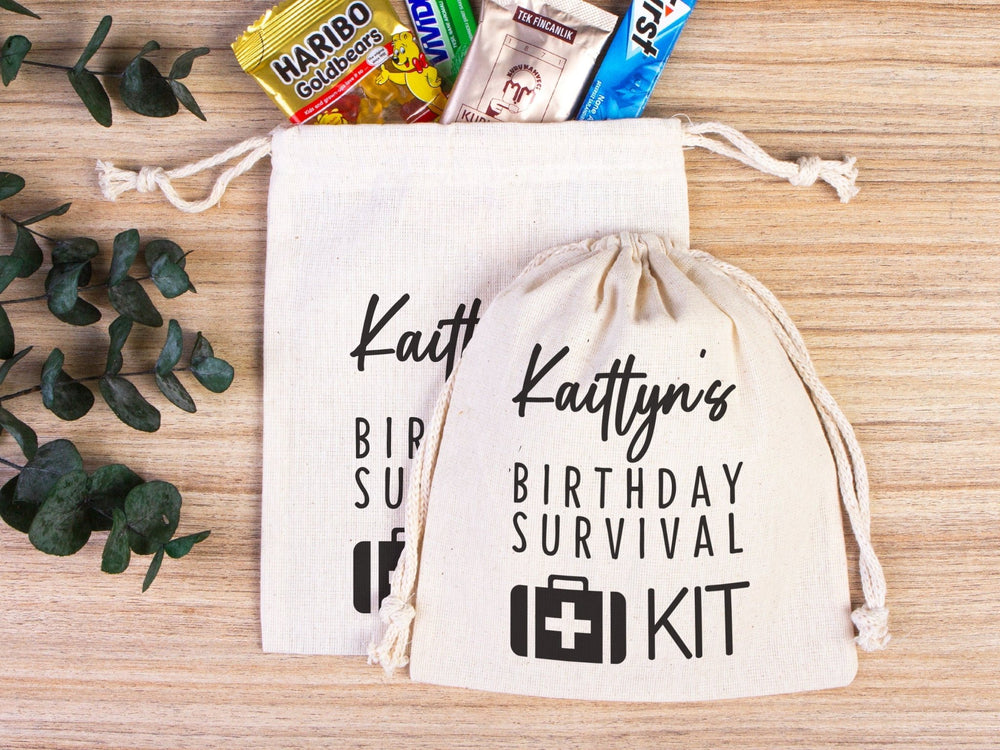 Birthday Survival Kit Bags – Custom Name Print Cotton Drawstring Pouch | Pamusan