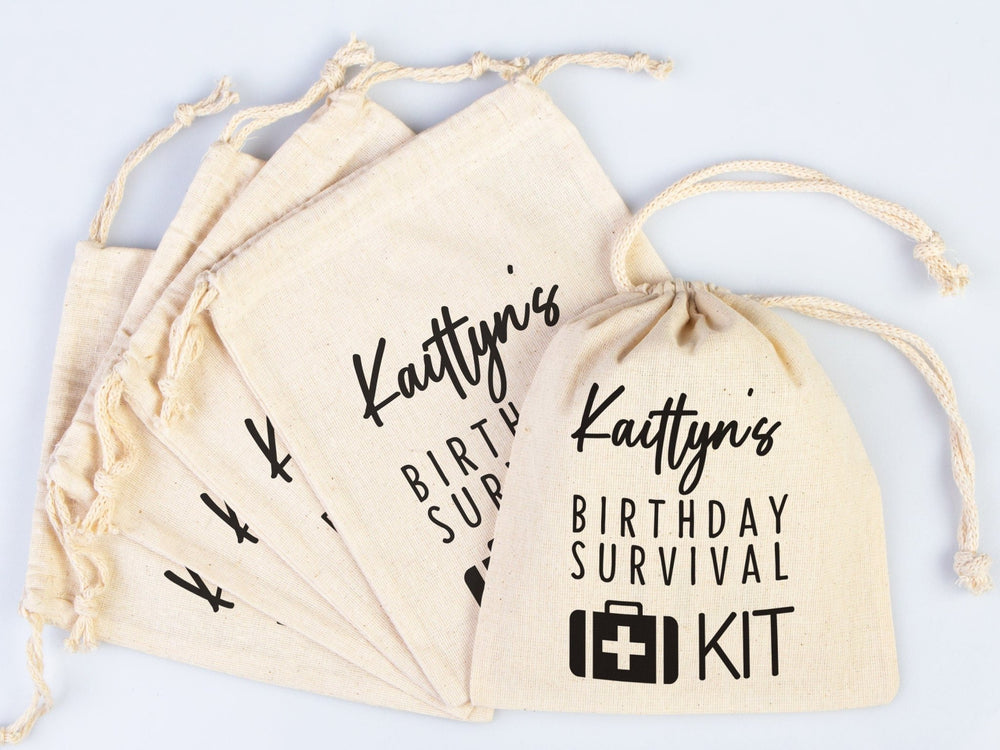 Birthday Survival Kit Bags – Custom Name Print Cotton Drawstring Pouch | Pamusan