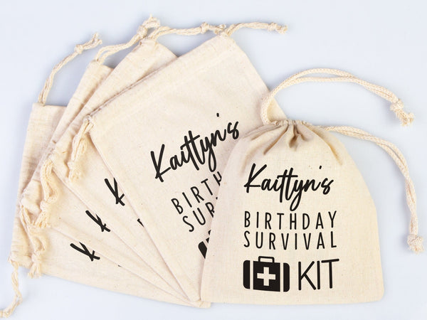 Birthday Survival Kit Bags – Custom Name Print Cotton Drawstring Pouch — print detail | Pamusan