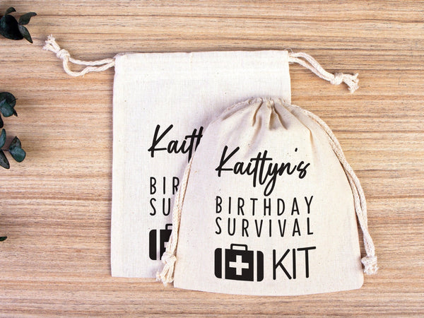 Birthday Survival Kit Bags – Custom Name Print Cotton Drawstring Pouch — print detail | Pamusan