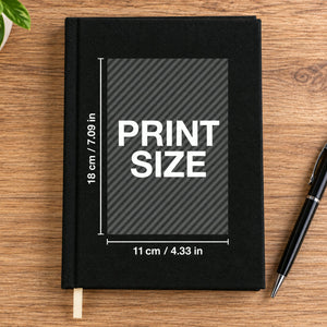 Print size diagram on black canvas notebook cover: 7.1 x 4.3 in (18 x 11 cm) | Pamusan.com