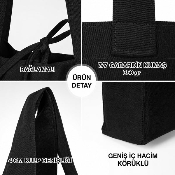 Productdetails van een zwarte draagtas van 7/7 gabardine 350 g/m² met 4 cm brede handvatten - Pamusan.nl